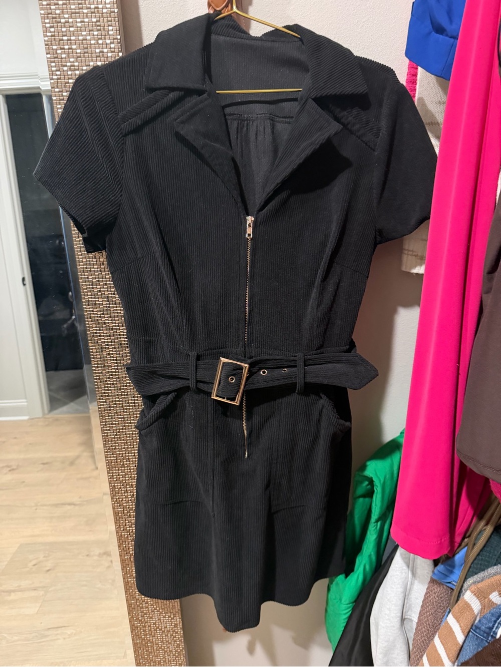 Amazon Black Corduroy Zip-Front Belted Mini Dress